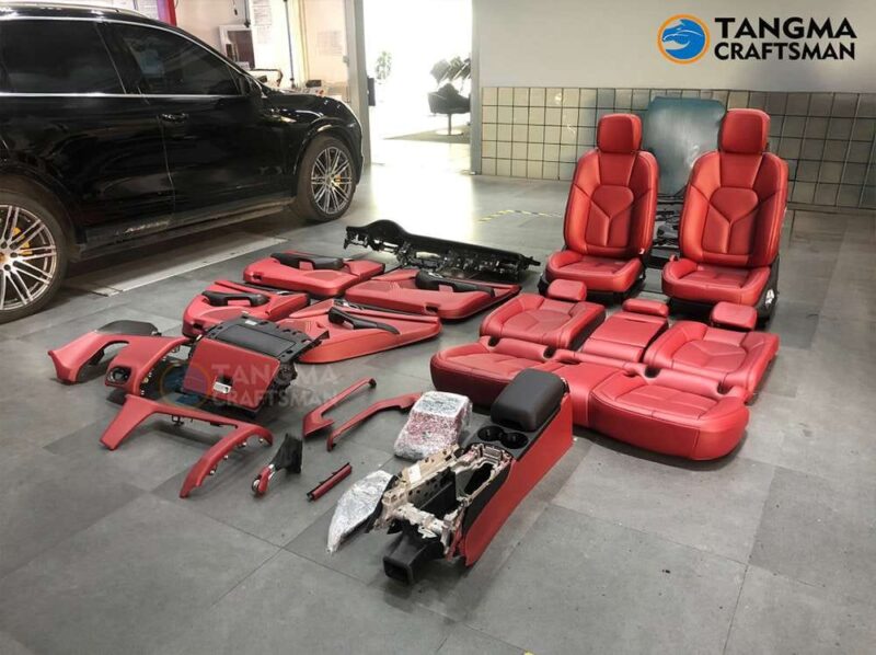 Porsche interior upgrade Cayenne/Macan/Panamera full series (2010-2024) Bordeaux red luxury renewal package | Seat + instrument panel + four door panels + armrests 360° full coverage | (laser engraved stitching diamond quilting process) | non-destructive embedded packaging - Image 5