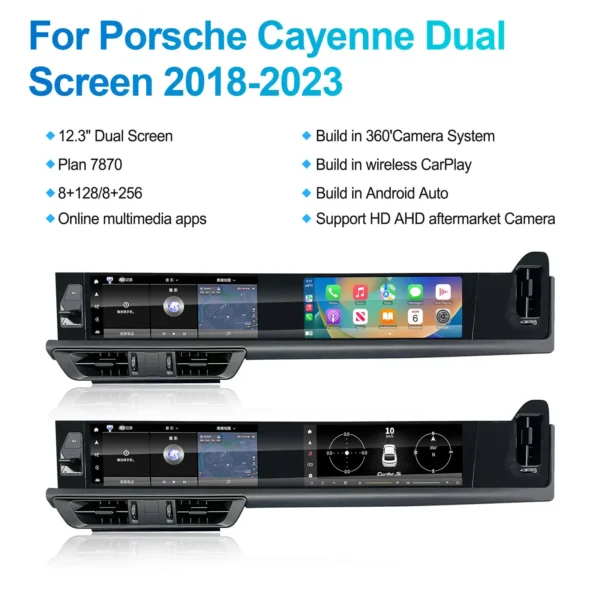 Porsche Cayenne dual screen multimedia system 2018 to 2023 with wireless CarPlay and Android Auto