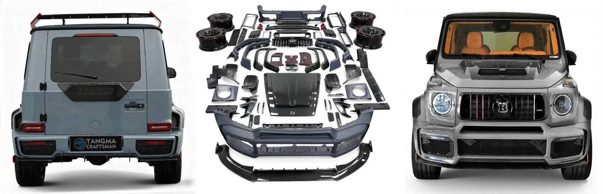 Full body kit package layout: bumpers, trim, carbon fiber parts, wheels