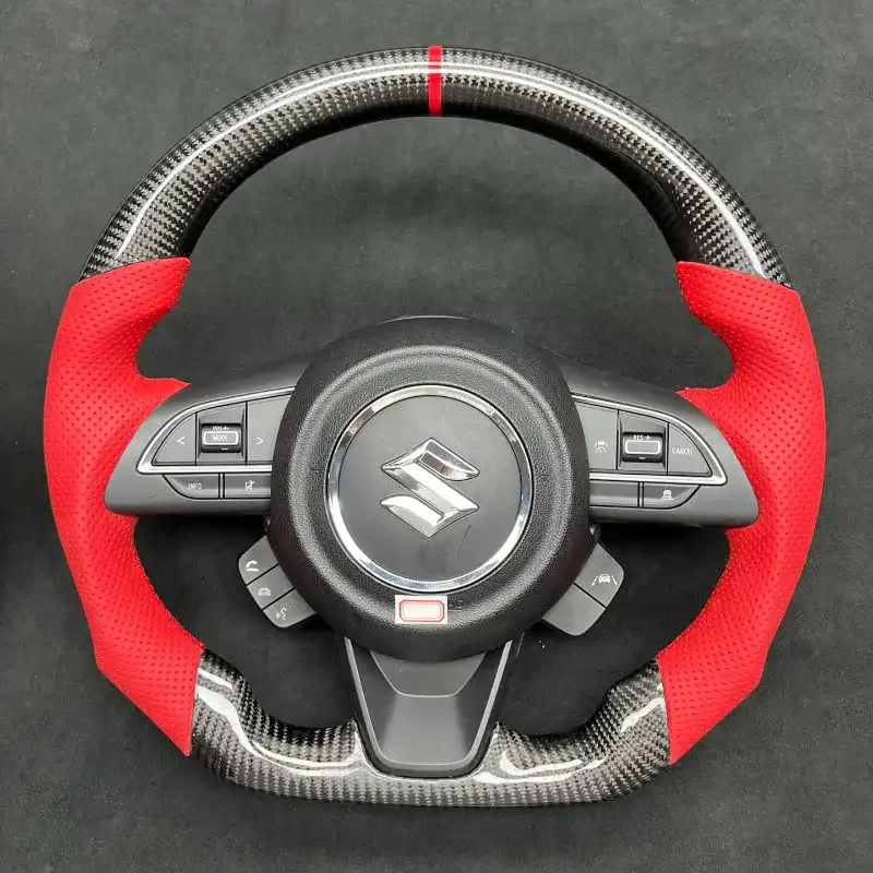 Suzuki Jimny Calfskin Leather Carbon Fiber Multifunction Steering Wheel Suzuki Jimny custom carbon fiber steering wheel with leather grip