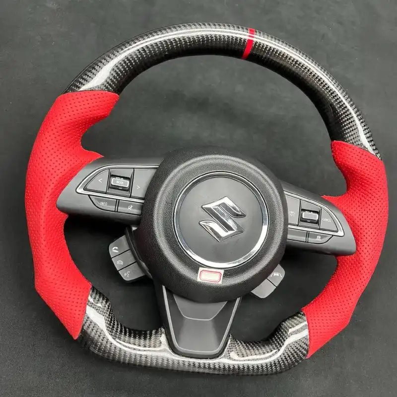Suzuki Jimny Calfskin Leather Carbon Fiber Multifunction Steering Wheel Suzuki Jimny custom carbon fiber steering wheel with leather grip